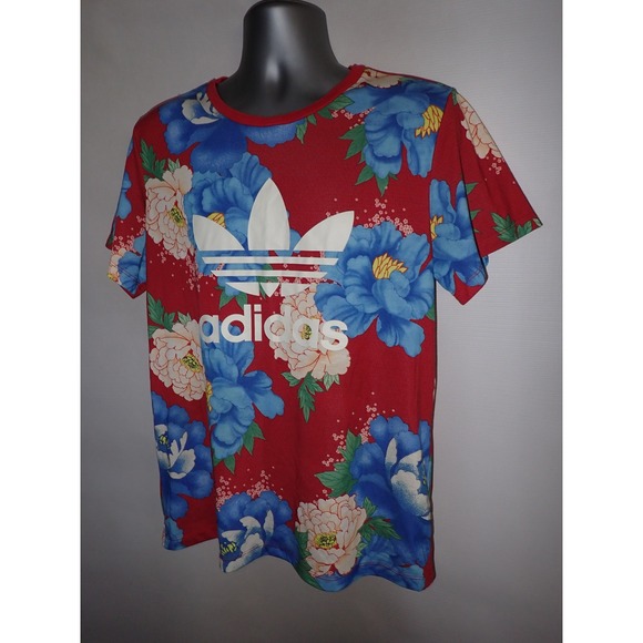Adidas Trefoil Floral Print T Shirt Men's Size Medium Red Blue White - Picture 3 of 5